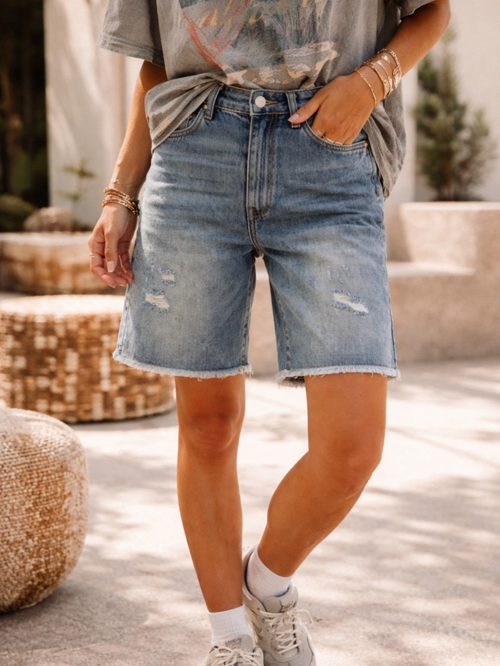 Free People ft. Sandrine Rose Distressed Bermuda Denim Shorts High Longline